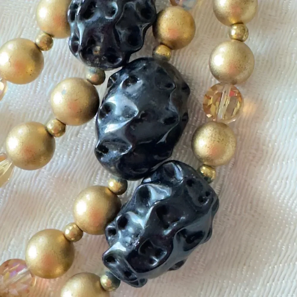 Vintage Earring & Multi Strand Necklace Set Gold & Black Beaded 1950s Japan